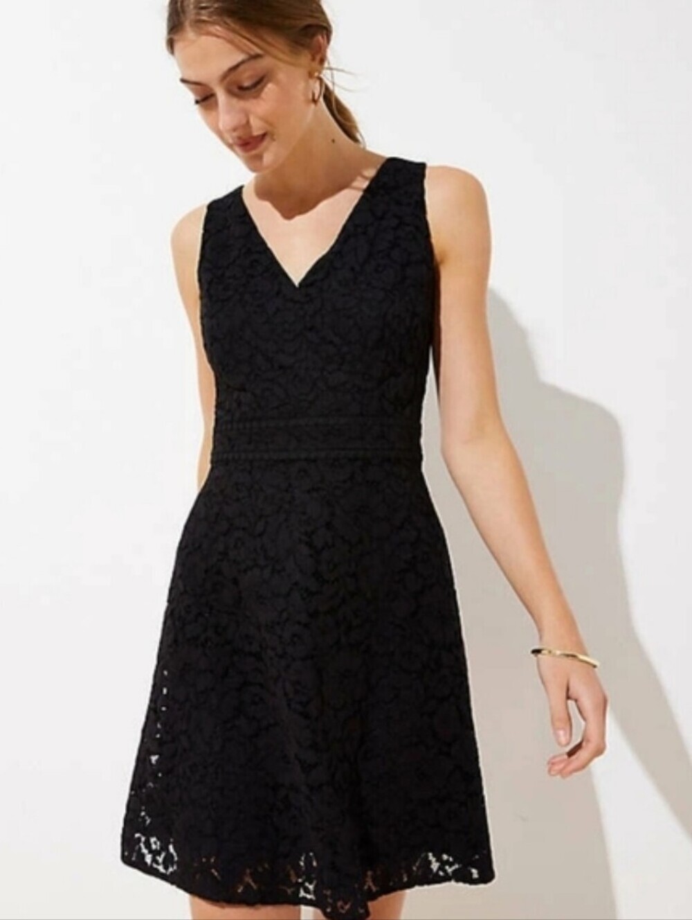 LOFT Black Lace V-Neck A-Line Mini Dress